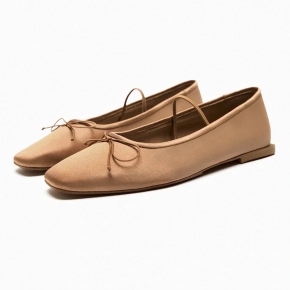 Zara Cream Tan Ballet Flats with Bow Detail - Picture 1 of 8